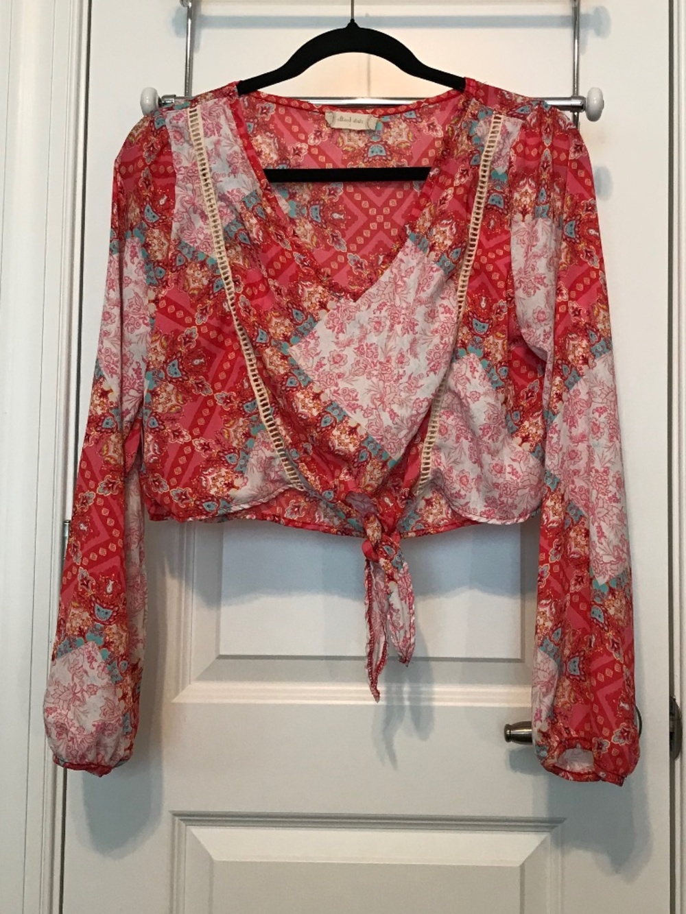 Altar’d state long sleeved v-neck red patchwork crop top with front hem tie (S)